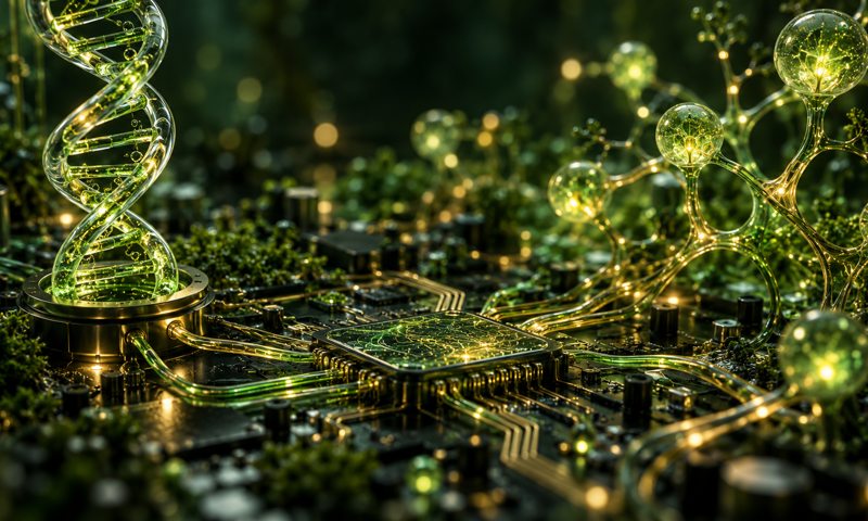 AI-generated molecular helix connected to a biocomputing circuit board for international conferences